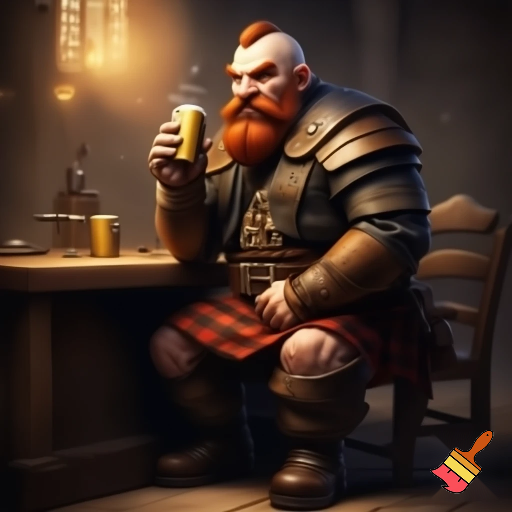 short far dwarf. gunslinger. cigar. sitting at the counter on chair in tavern and sipping a pint. bald. red beard. rough atmosphere. kilt. musket on the table. rugged leather armor. angry. harsh drawn style