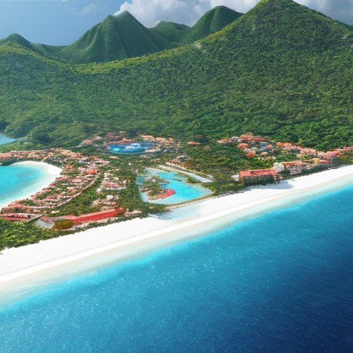 Turkish Caribbean Island part of Türkiye in 2040 Türk Karayip Adası with restaurants on the beach