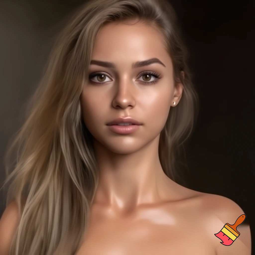 Photorealistic full body picture of a woman, approximately 22 years old, with long legs and athletic figure. She has long, naturally flowing light brown blonde hair, oval face, almond-shaped brown eyes, average eye spacing, slim straight nose, naturally full lips, soft facial features, harmonious proportion and delicate, harmonious facial features. Her overall presence is confident, natural, and modern.  Natural daylight. Topless and black jeans. nipple piercing,