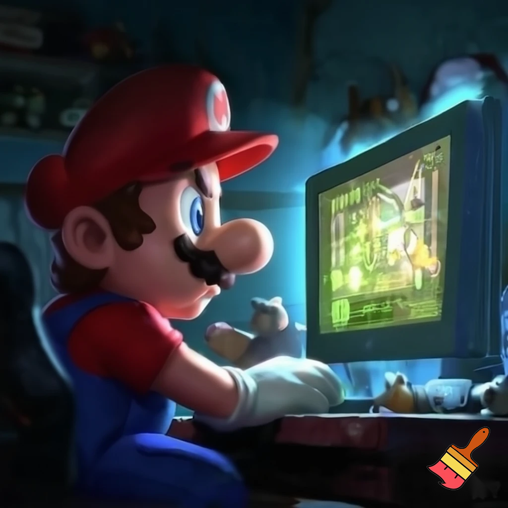 Mario playing five nights at Freddy's pizzeria simulator. He is at his desktop playing the game
