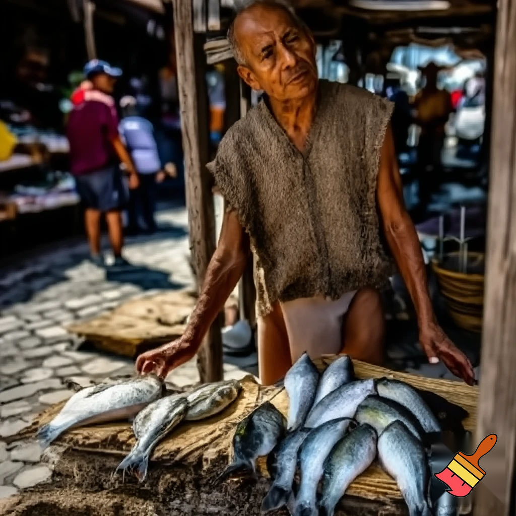 Ancient Aztec fisherman selling fish in the market