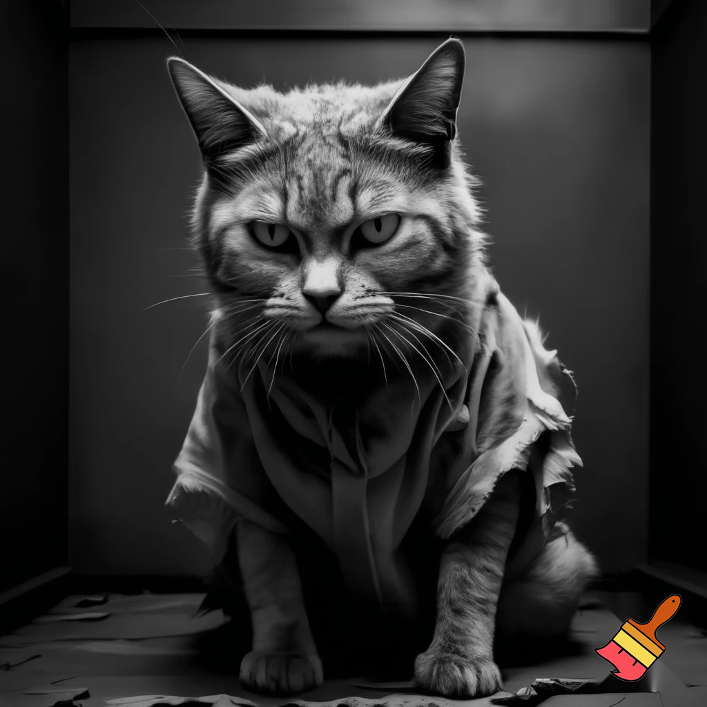 Feral vicious cat sinister evil, mugshot style, prison clothes, no humans staring at screen