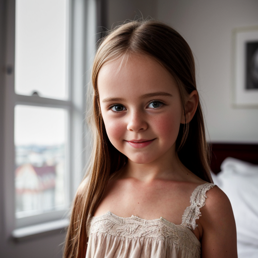 swedish little girl, long brunette hair, night dress, on the bedroom, close up
