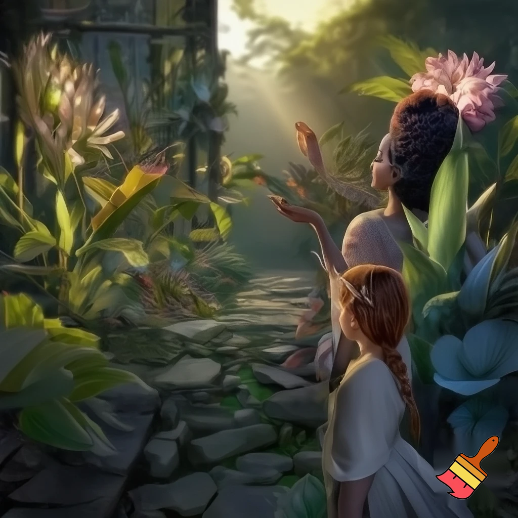 generate plants outside of a garden and also realistic girls next to the flowers