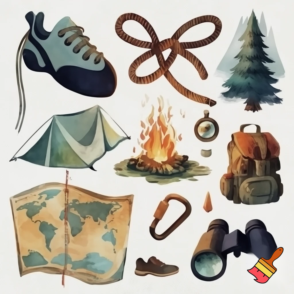 icons of nature exploration : climbing shoe, figure 8 knot, fir tree, mountain, campfire, tent, carabiner, compass, backpack, world map, hiking shoe, binoculars