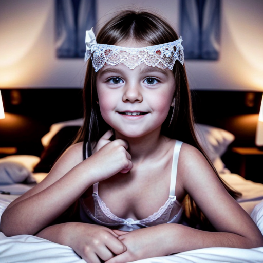 Genera la imagen real de una niña rubia de 8 años vestida con lenceria, en la cama con su padre besandose