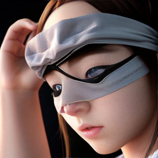 Anime girl with a scrunchie bun wearing a cloth blindfold blinding her