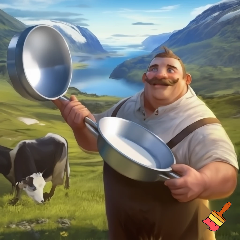 generer et bilde til en reklameplakat, produktet vi skal reklamere for er melkespann laget av vårt firma Nessemaskin. Slagordet vårt er "Litt melk om dagen gjør bra for magen, kjøp vårt melkespann så smiler både mor og mann". Vi vil også få fram at vårt firma er det eneste du kan stole på, spill på nasjonalromantikken og få fram at produktet vårt kan brukes til alt du kan tenke deg, det er bare fantasien som stopper deg. Spill på nasjonalromantikken ved å ha med kyr, fin norsk natur og ei budeie som holder melkespannet
