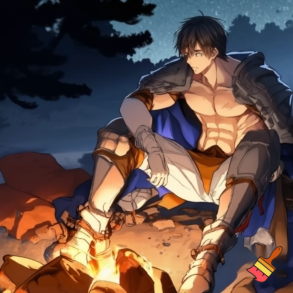 An Anime knight sitting next to a campfire with all of his cloths except his underwear off and he has abs and muscles