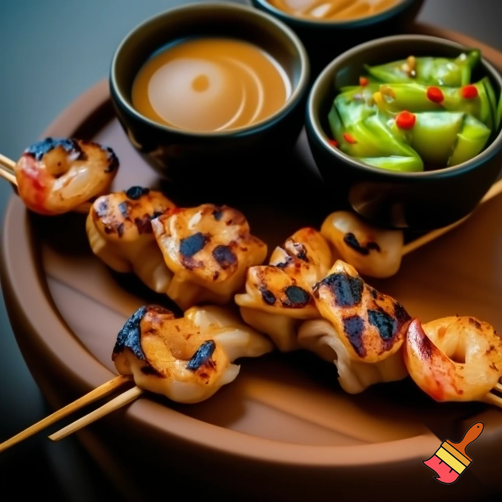 Grilled Chicken and Shrimp Satay with curried peanut sauce, chili garlic sauce, and spicy cucumber relish