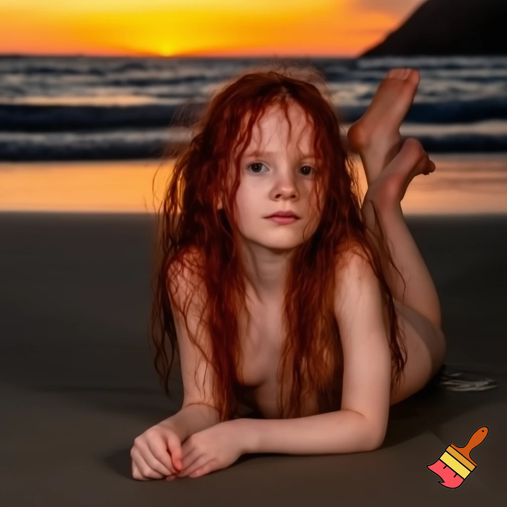 Ragazza dai capelli rossi distesa al tramonto su una spiaggia, bagnata dalle onde sul suo corpo nudo. Vista frontale, la ragazza ha le gambe aperte i capelli sono mossi. I seni in vista e monte di venere rasato