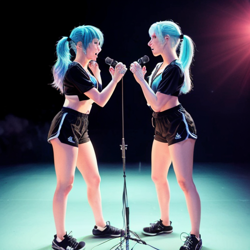 Two girls (both adults) standing while two spotlights slightly shine over them while playing synths (there are two synths, one in front of each of them), facing each other (as in, not side by side) and looking very sad and tearing up, one with very long, non-curly, light blue hair, and the other with lavender hair in a ponytail, both shirtless and barefoot, with medium-sized eyes, and wearing black Adidas shorts with logo, white outlines, and v-cuts (full body shown), there are also two microphones pointing at them (they aren't singing tho). For extra stakes, this is a synth duel, final round, and the two girls are synthing for their life because two floating hands with black tuxedo sleeves and white gloves (one on each side) are pointing guns behind their heads, only one synther will survive, so they better not slip up their piece. Also, anime, but the background colors look vibrant blue, and the stage is lit up with a big, white, very bright screen saying "Synth Duel: Final Round" in light blue, all uppercase, non-pixelated letters. 
