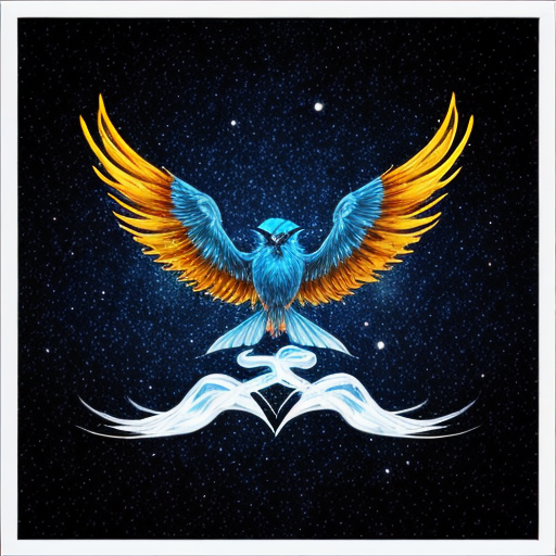 a magical spirit blue bird phoenix glowing and  transparent like smoke with a black starry night sky background