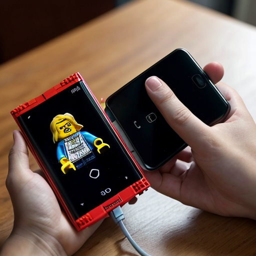 LEGO smartphone fully charged at 100%.
Battery appears intact and normal.
Clean LEGO environment.
Serious documentary tone.
Vertical 9:16.
