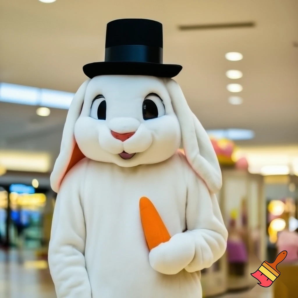 Easter bunny mascot top hat at the shopping centre mascot costume Darrell Lea magic room