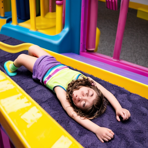 A girl lying down on the soft colourful Stairs wearing summer pink vests and purple shorts and yellow socks in indoor playground age 5 - 10