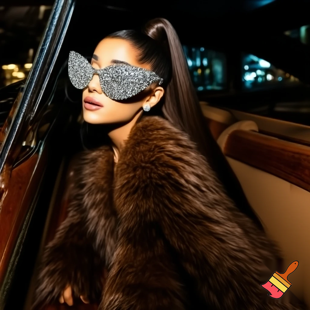 ariana grande with a high slick ponytail wearing a fur coat posing in a luxurious car with diamond glasses selfie angle