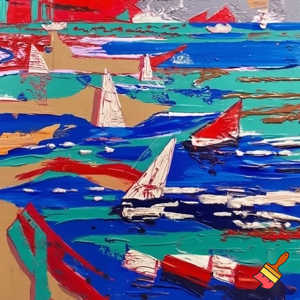postmodern acrylic painting sea and boats 
