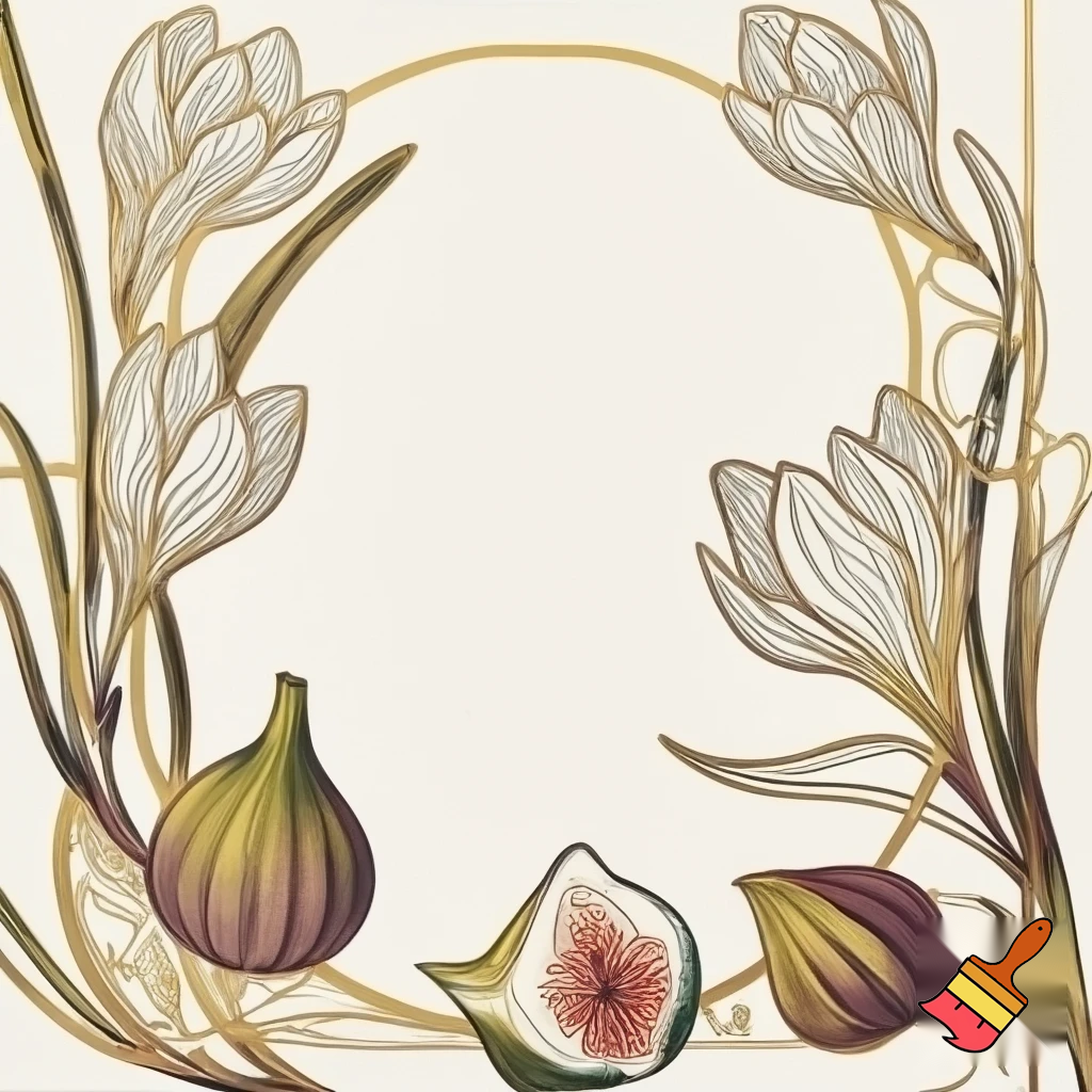  Reate a golden border frame made of  twining crocus flowers and fig fruit in the style of Vintage botanical line art with light Art Nouveau ornamentation.