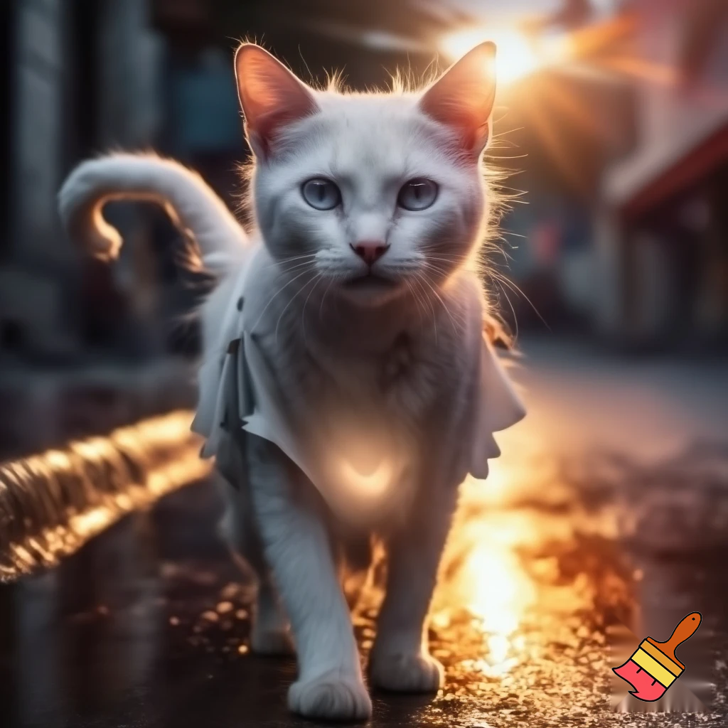 Beautiful 24-year-old white catgirl in torn rags, pregnant belly glowing, walking rainy Karachi street at golden hour, white cat ears, long white tail, icy blue eyes shining with hope, bright sunlight beams, sparkling wet fur, emotional cinematic portrait, 8k
