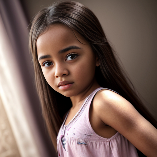 sudanese little girl, long brunette hair, night dress, on the bedroom, close up