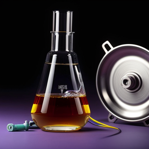 a chemical flask with water and two metal plates connected by wires. purple background, close-up