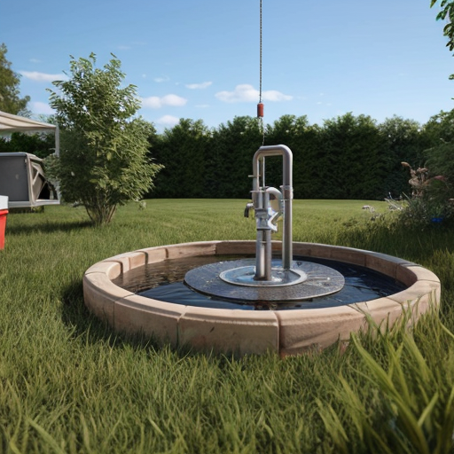 Generate an image in a semi‑infographic style: a small country house and a plot with a lawn and 3 apple trees; there’s a sprinkler system on the lawn. Next to it — a well head. The lower half of the frame should show a cross‑section of the ground: depict a well with a casing pipe; a borehole pump is suspended inside it on a cable, and you can see the pipes running to the house and to the irrigation system. Add light arrows and translucent lines to indicate the water flow. Use calm, natural colors; ensure good readability of the details. Style: “realistic diagram”; high level of detail.