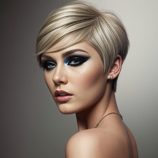 Attractive woman with an ash blonde pixie cut and a slim build wearing bold makeup