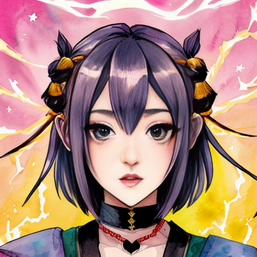 anime art of corrupted Keqing from Genshin Impact, light purple short hair with tassel hairpin, glowing magenta eyes, glowing lightning veins on face and forehead, dark fantasy outfit with blue gems, dramatic dark purple and orange fire background, detailed anime illustration, sharp features, cinematic lighting, Japanese anime style, moe aesthetic, cel shading, clean line art
