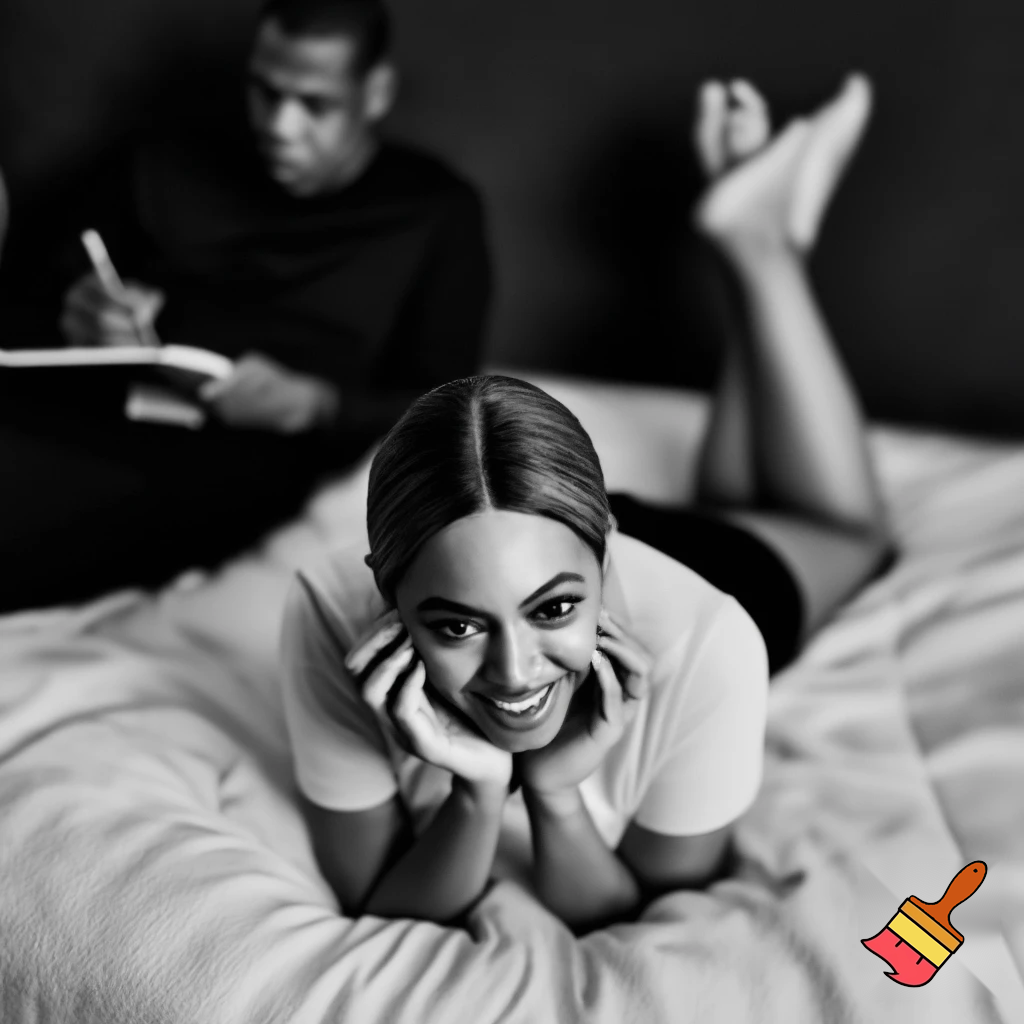 Black and white image of Beyoncé with a brown sleek middle part low back bun wearing a white t shirt laying down on her stomach in bed with her 2 feet up 2 hands on her cheeks smiling and Jay-Z is in the background writing lyrics 