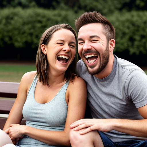 two people sitting on a bench laughing hysterically