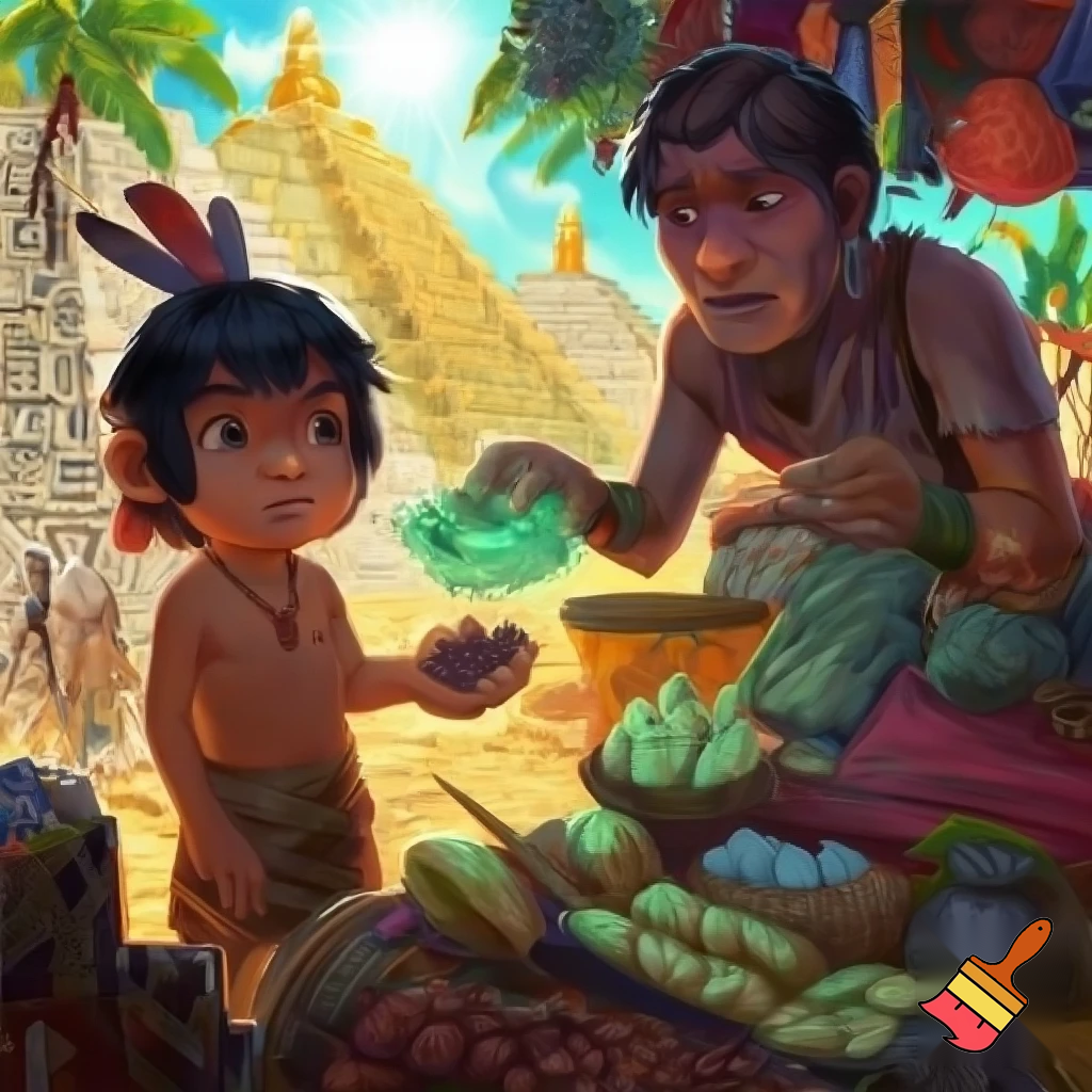 an aztec boy  buying jade from a marketer'

