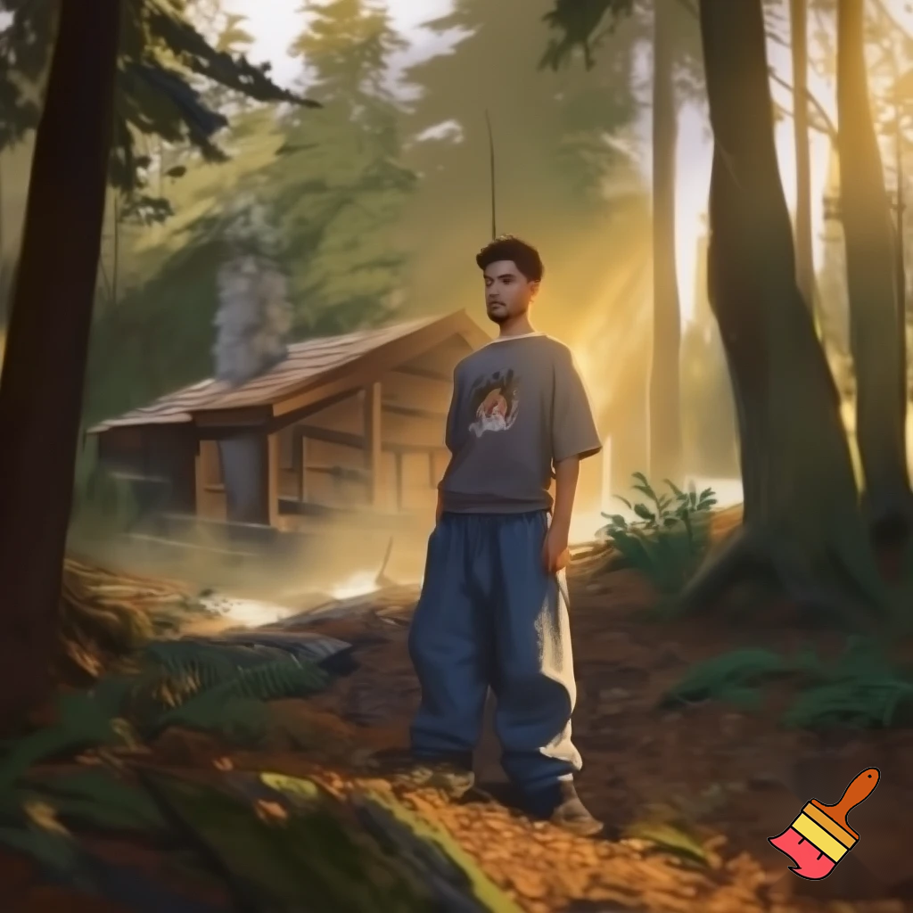 A dude with baggy clothes in the forest near a cabin 
