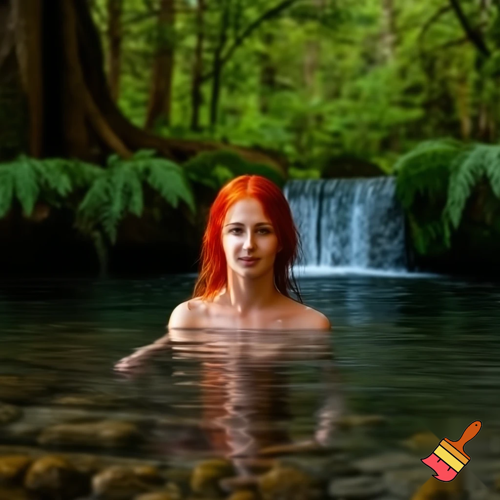 woman with red hair, is knee-deep in a clear forest pool, beneath a small waterfall