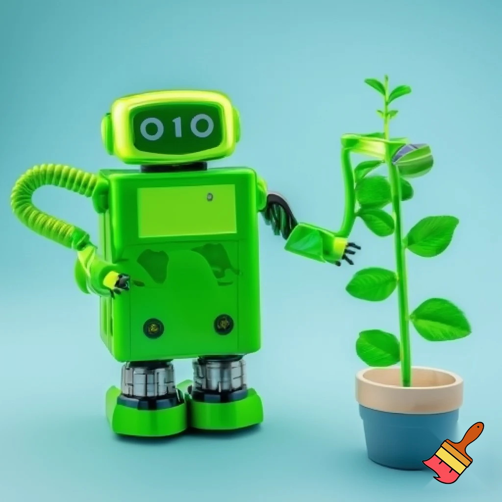 Un robot assistant qui arrose une plante... en plastique.