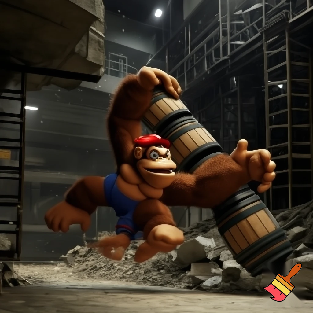 Hazme a Donkey Kong lanzando barriles a Mario en una zona de construcción Mario esquivando los barriles saltando encima de los barriles