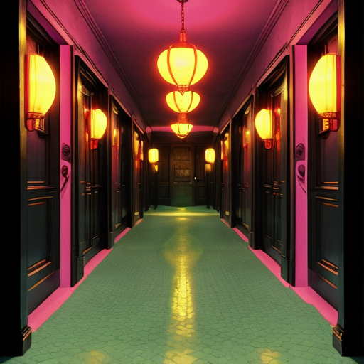 Hyper-realistic, symmetrical deep perspective photograph of a vintage hotel corridor. Saturated magenta-pink floor and cyan-blue walls define the color palette. A row of numbered six-panel doors recedes into the distance. At the far end, centered under a warm golden-yellow lantern fixture, stands a lone, emaciated, monstrous humanoid with pale, mummified features. Crucially, massive, grotesque, dark shadows of multiple-limbed monstrous forms are projected onto the foreground walls on both sides, creating an oppressive atmosphere. Textures are detailed, and the lighting is dramatic and cinematic.