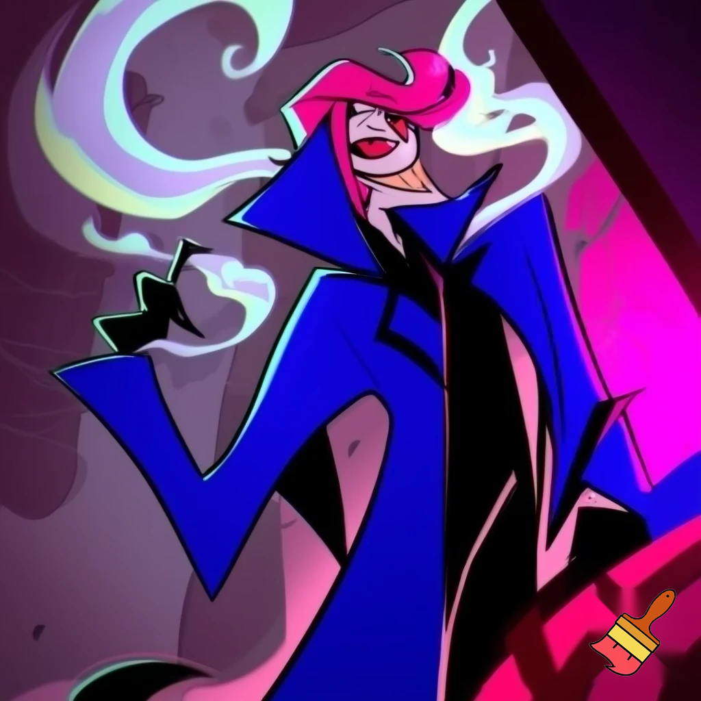 Percival de rolo in the art style of hazbin hotel wearing his signature blue overcoat and smoke curling around him