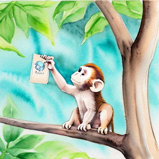 “Small monkey stuck on a tree branch, baby elephant looking up, watercolor children’s book style”