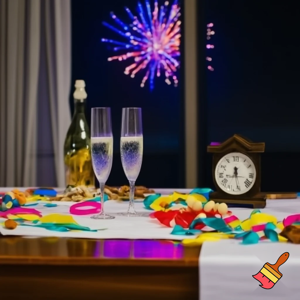 on the table a white tablecloth, two glasses of champagne, a bottle, hanging colorful paper streamers, snacks and fruit, next to it there is an old clock with numbers, the hands of the clock are at 12 o'clock, in the background there is a window with curtain and fireworks outside the window