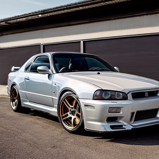 A Nissan skyline R34 and it's logo on the top left corner and the specifications and the top speed 