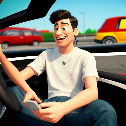 Pixar-style 3D cartoon, young Muslim man, 20 years old, beard, black jeans, white shirt, sitting in a car, holding phone to his ear, answering a call, relaxed pose, big expressive cartoon eyes, friendly smiling face, city visible through car windows in the background, bright colors, cinematic lighting, simple cartoon style