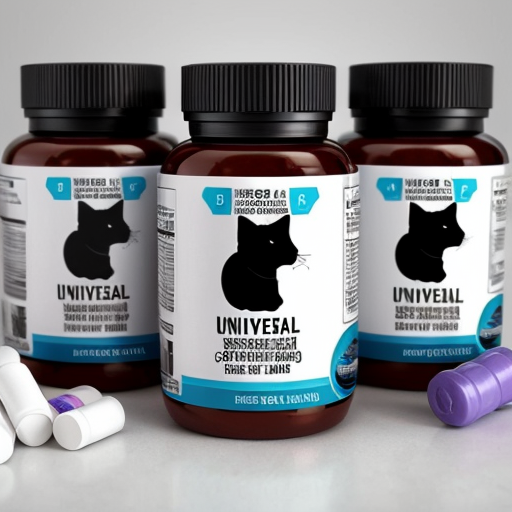 Generate a label design drawing of universal nutritional supplements for cats and dogs, with a silhouette or portrait of a cat or dog, with a specification of 200 capsules/bottle, highlighting the advantages of the product in regulating immunity and improving the intestines, with high color contrast and blue as the main color