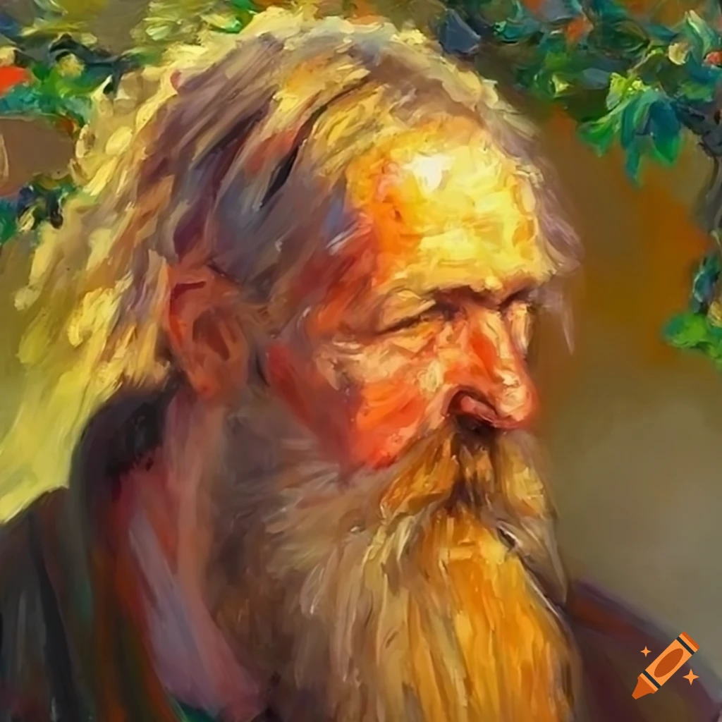 Russian peasant blond bearded man. Face close-up. Bird-cherry tree. Garden..sunrise. Oil painting. Very detailed drawing. Maximum concentration. HD. very bright colours. maximum drawing clarity