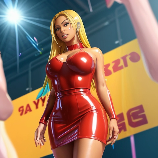 Beyonce  in wet in a red latex top with latex skirt with long red nails with honey blonde hair selfie ve yerde sırtüstü yatar gözlerini kapatır elleri karnında bacakları ve ayakları düz şekilde 