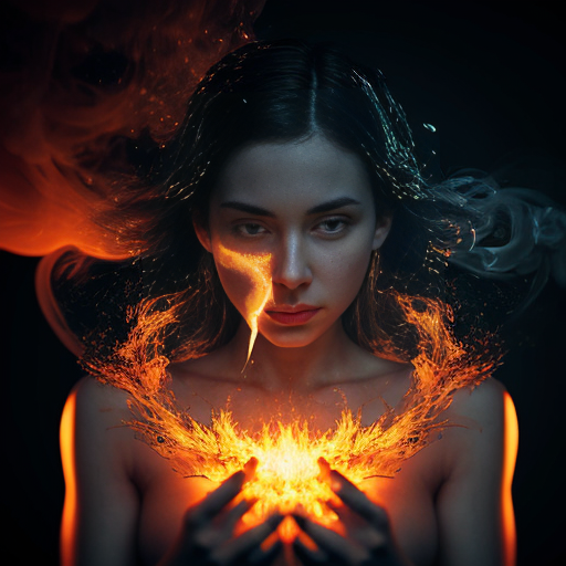 An 8K ultra-realistic, 9:16 vertical cinematic portrait that transforms the provided female model while maintaining 100% absolute likeness. The model features smooth skin tones and a piercing, symmetrical gaze directed at the camera. Her physical form serves as the conduit for a dramatic elemental split: the left side of her torso and face is wreathed in roaring, hyper-detailed orange and yellow flames, while the right side is encased in crystalline, splashing cerulean water and translucent ice droplets. Her hair is light and wispy, appearing to dissolve into rising smoke on the fiery side and shimmering mist on the aquatic side. The shot is a medium close-up with a shallow depth of field, utilizing high-contrast cinematic lighting to emphasize the clashing textures of flickering embers and refractive liquid. The primary setting is a dark, atmospheric void where the foreground is cluttered with floating sparks, glowing cinders, and suspended water molecules. There are no written mediums or canvases, only the raw interaction of fire and water scatter swirling around the subject’s shoulders and hands in a display of photorealistic power. 