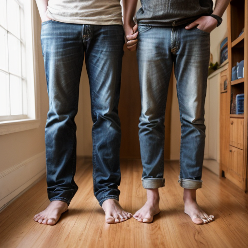 A barefoot young man carrying teenage boy while standing on tiptoes