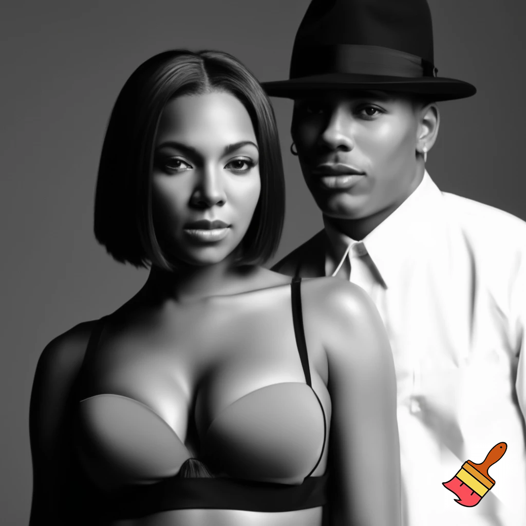 Ashanti with a black sleek middle part bob hair wearing a grey and black bra and Nelly wearing a button up shirt and black hat in a black and white photograph 