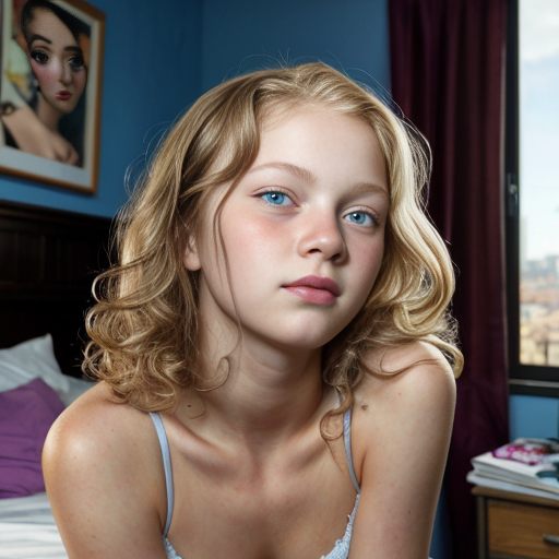 teen ,, , lifelike, portrait, highly detailed, , sharp focus, illustration, art by kittichai  and james gurney and alphonse mucha, ,  with curly blond hair and vibrant blue eyes, photorealistic, at her room, laying