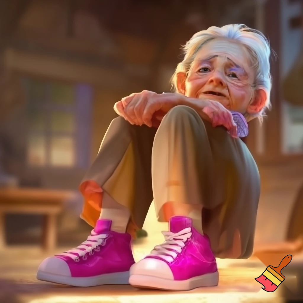 Draw an old lady with pink sneakers 